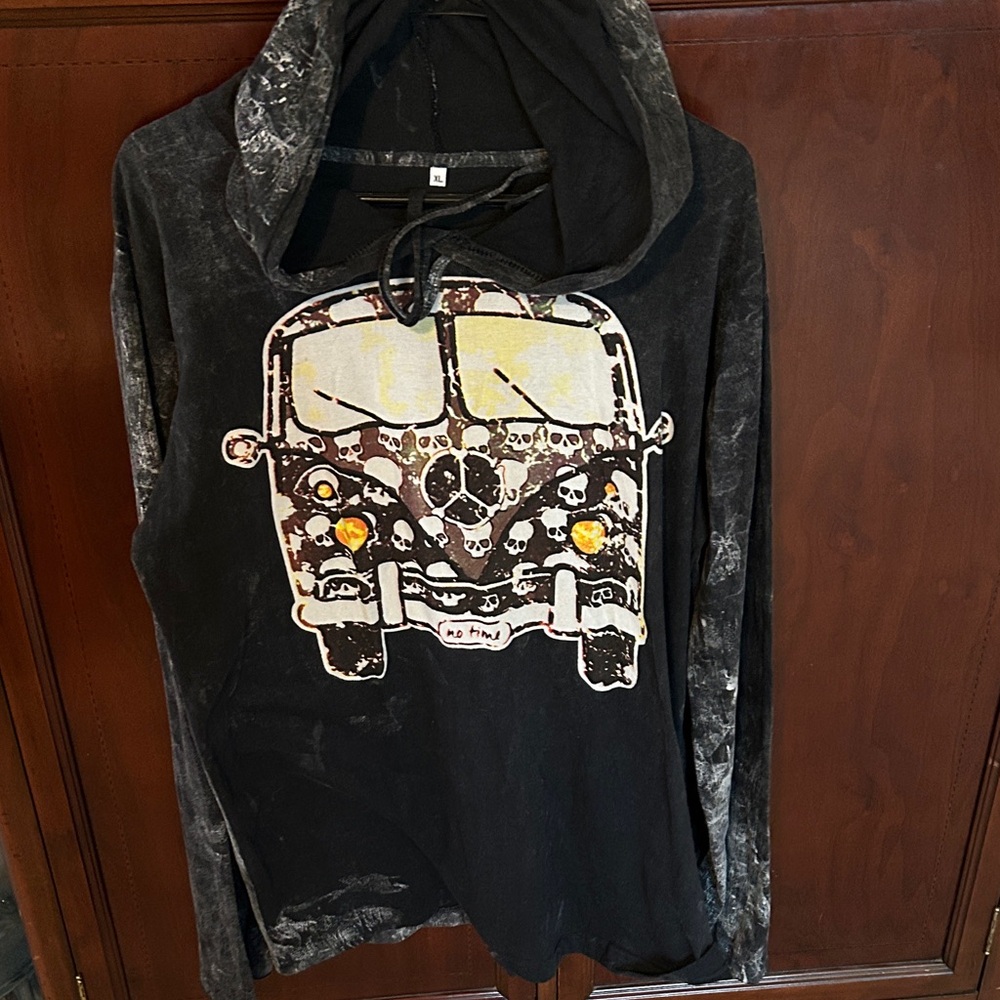 No Time  Black Hoodie Top with Graphic Bus Skull Design